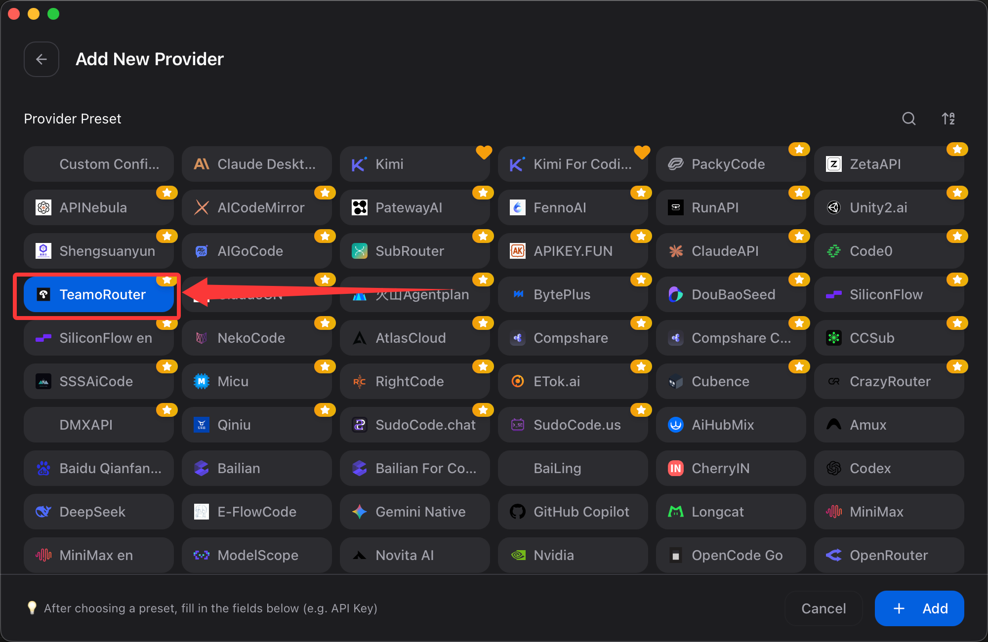 Select the TeamoRouter preset provider